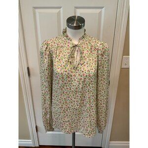 Cupcakes and Cashmere Pink Floral Print Ruffle Tie-Neck Long Sleeve Top, Size M